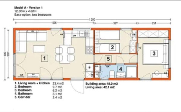 Mobiele Woning Model A – Op Wielen – 42 m² – 3 Slaapkamers